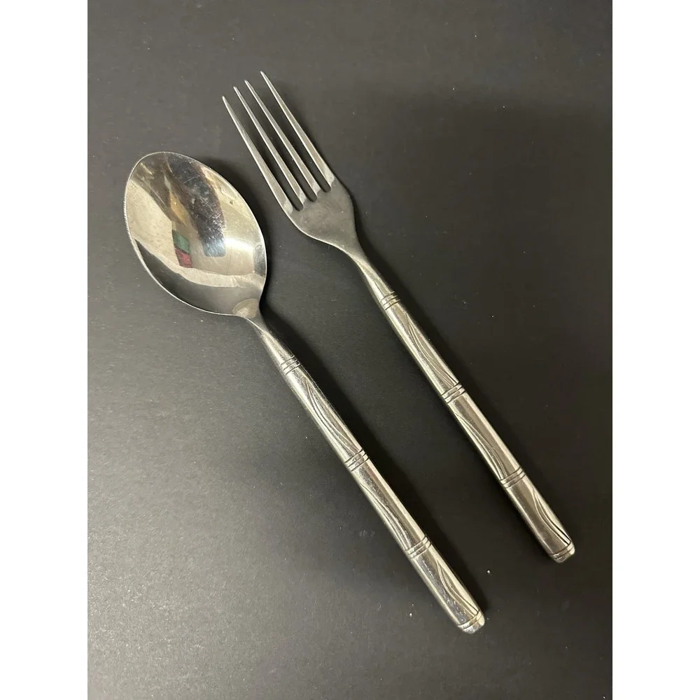 Stainless Soup Spoon & Dinner Fork Set Horizontal Bands Wavy Lines Bamboo-Like